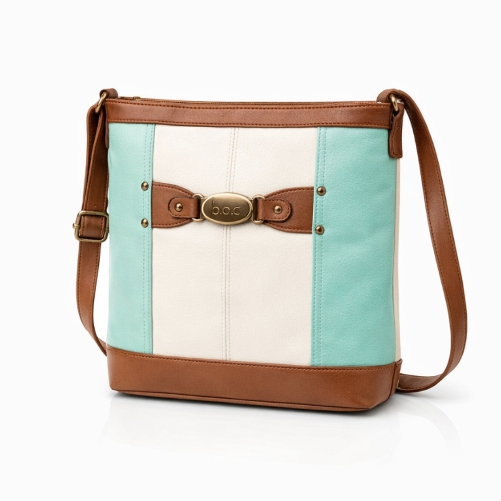 BOC Mint, & Cream with Brown Leather Trim Crossbody